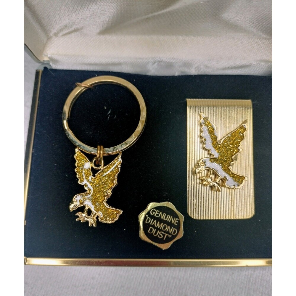Marquis Genuine Diamond Dust Eagle Key Ring Matching Money Clip Gold Tone Metal